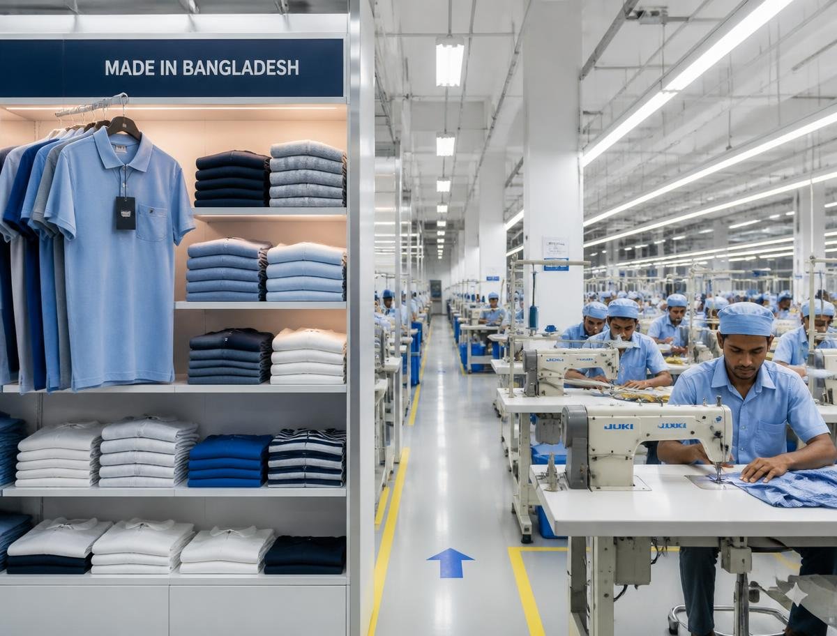 Garment manufacturing floor with sewing lines and folded apparel